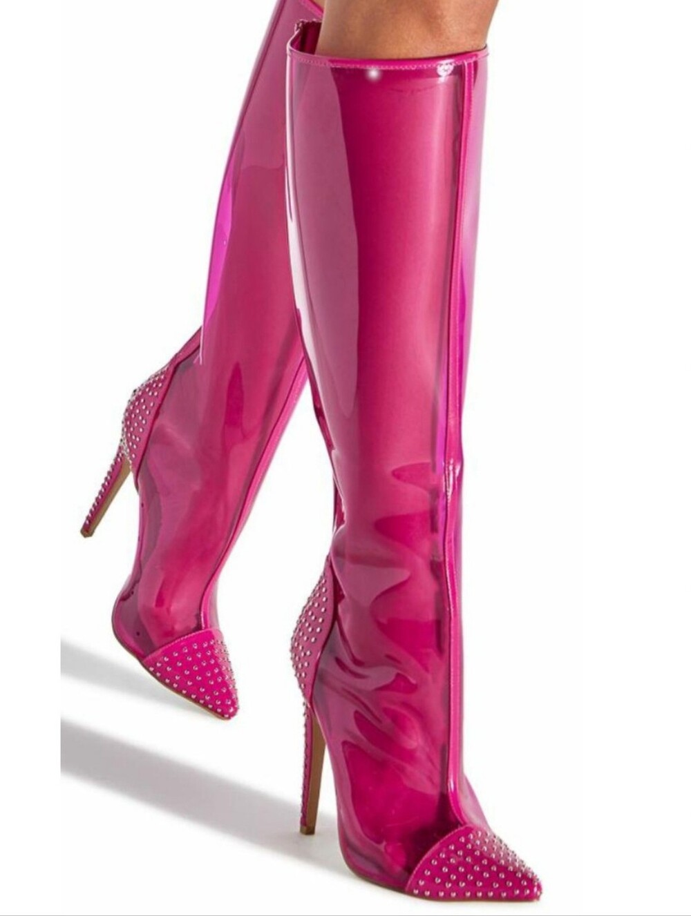 Fuchsia PVC Knee-High Stiletto Boots with Studded Pointed Toe